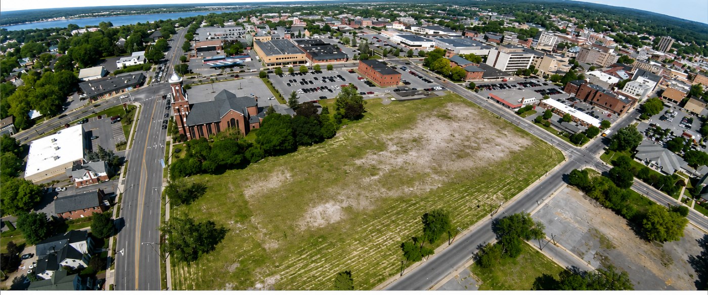 Aerial view of the COR Arsenal Street development site in downtown Watertown